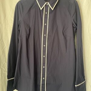 Ann Taylor Navy Button-Down with White Trim